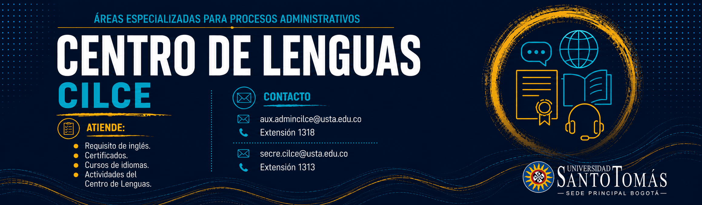Información institucional del Centro de Lenguas CILCE con servicios, correos y extensiones.