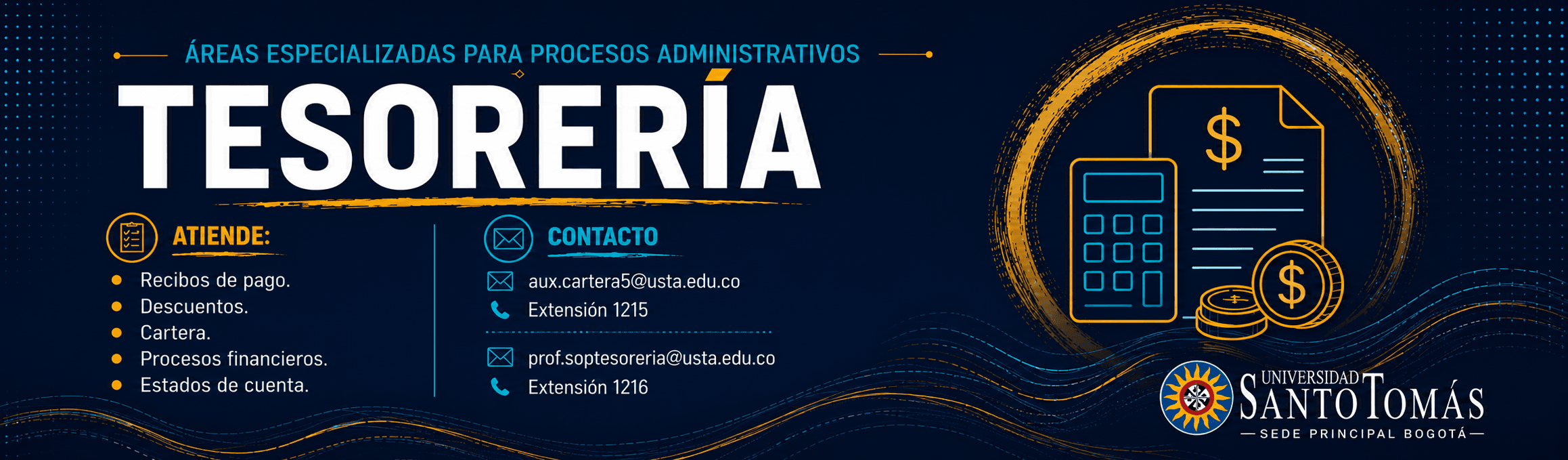 Información institucional de Tesorería con servicios, correos y extensiones.